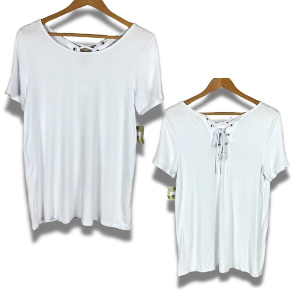 G.H. BASS White Short Sleeve Lace Up Knit Top NWT Medium - Picture 1 of 7